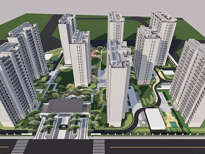 Modern High Rise Residential Community With Green Landscape Roads And Buildings 3d model