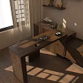 Modern Wooden Tea Cabinet Interior With Window Potted Plants And Tea Sets