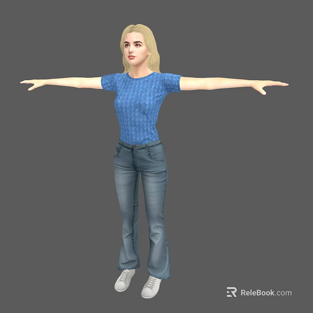 Woman in blue striped T-shirt and blue jeans with arms outstretched against gray background 3d model 