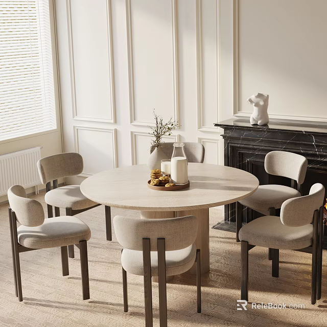 Modern Minimalist Dining Table Set With Round Top Upholstered Chairs Against White Walls And Fireplace 3d model 