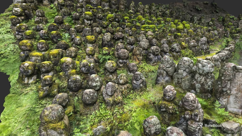 Numerous Moss Covered Stone Landscape Sculptures In Lush Green Natural Setting 3d model 