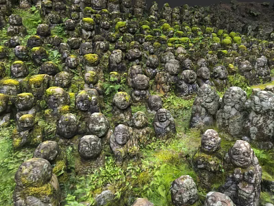 Numerous Moss Covered Stone Landscape Sculptures In Lush Green Natural Setting 3d model