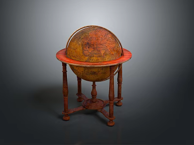 Vintage Globe On Wooden Stand With Red Base And Detailed Map Design 3d model