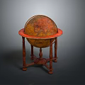 Vintage Globe On Wooden Stand With Red Base And Detailed Map Design