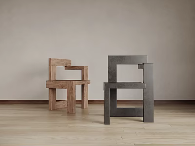 Modern Wooden And Gray Accent Chairs With Geometric Design In Light Wall Wooden Floor Room 3d model
