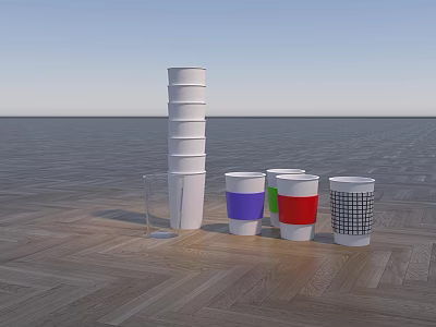 Colorful And Stacked White Cups With Transparent Glass On Wooden Floor Blue Sky Background 3d model