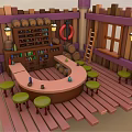 Cartoon Tavern Scene With Round Bar Counter Green Stools Wooden Barrels Ladder And Purple Columns