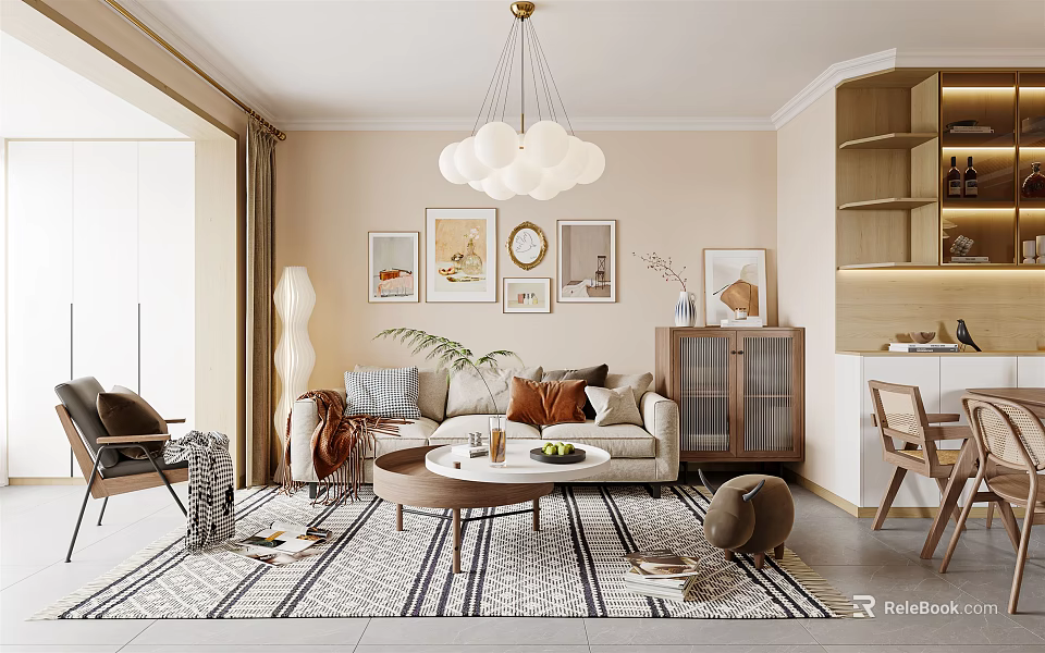 Modern Living and Dining Room Interior With Sofa Coffee Table Rug And Decorative Paintings 3d model 