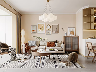 Modern Living and Dining Room Interior With Sofa Coffee Table Rug And Decorative Paintings 3d model