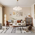Modern Living and Dining Room Interior With Sofa Coffee Table Rug And Decorative Paintings
