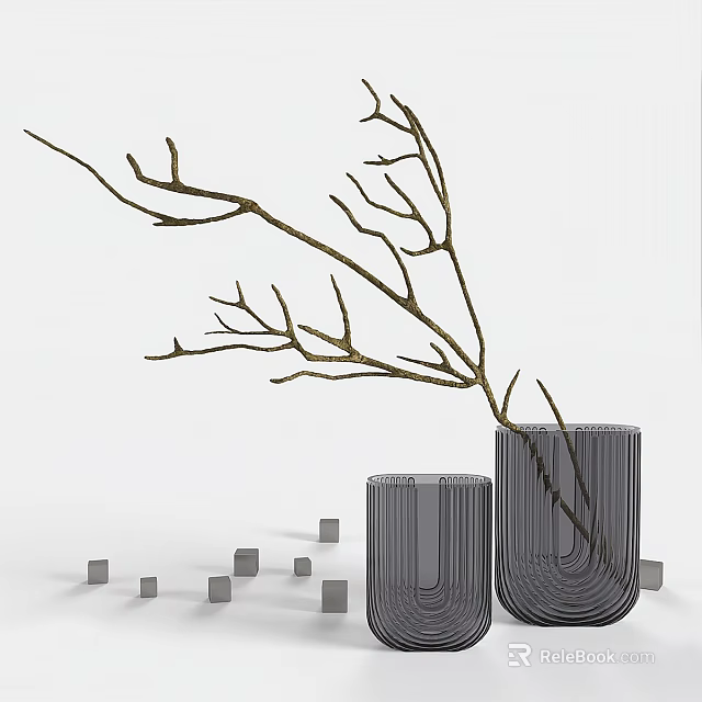 Modern Textured Vase with Decorative Branches and Surrounding Small Cubes 3d model