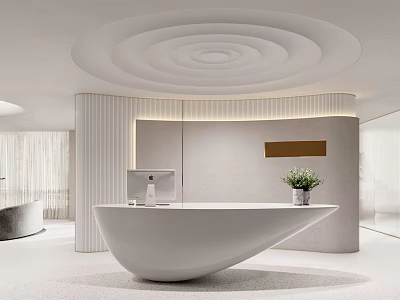 Modern Store Front Desk With Curved White Sleek Surface And Computer Flower Vase Circular Ceiling Design 3d model