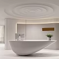 Modern Store Front Desk With Curved White Sleek Surface And Computer Flower Vase Circular Ceiling Design