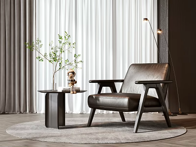 Modern Leather Leisure Chair With Side Table Green Plant Floor Lamp And Soft Rug 3d model