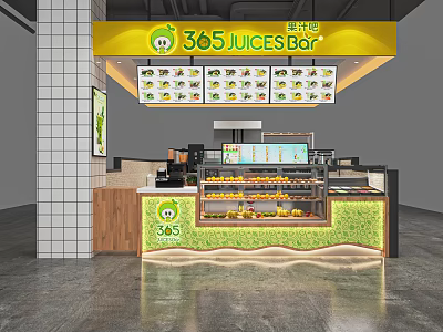 365 JUICES Bar Milk Tea Shop Interior With Fresh Fruit Display Counter And Beverage Menu 3d model