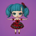 Cartoon Girl With Teal Pigtails Red Bow And Red Black Dress On Purple Background