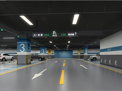 Modern Parking Garage with Direction Signs Numbered Pillars Bright Lights Floor Markings Arrows And Cars 3d model