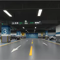 Modern Parking Garage with Direction Signs Numbered Pillars Bright Lights Floor Markings Arrows And Cars