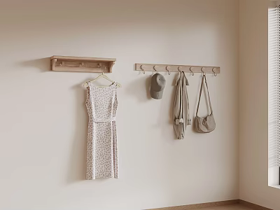 Beige Wall With Wooden Shelf And Coat Hooks Holding Dress Hat And Bags 3d model