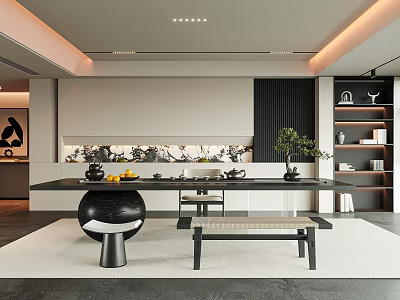 Modern Tea Room Interior With Long Table Black Spherical Base Bench Green Plant And Bookshelf 3d model