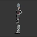 Sci Fi Game Movie Character With Silver Hair Red Gray Bodysuit And Mechanical Limbs