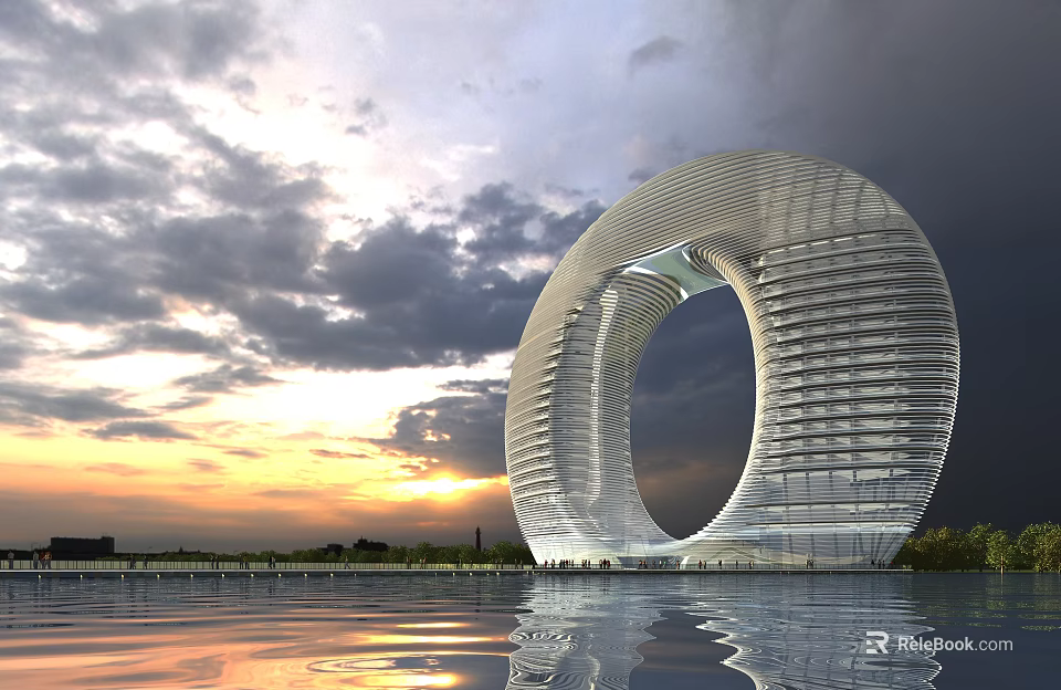 Modern Circular Hotel Building With Glass Structure Sunset Backdrop And Water Reflection 3d model 
