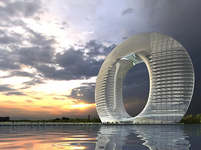 Modern Circular Hotel Building With Glass Structure Sunset Backdrop And Water Reflection 3d model