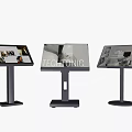 Three Modern Touchscreen Display Stands with Technic Branding and Content Screens 3d model