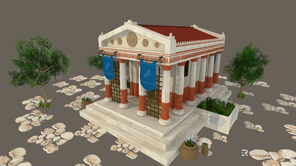 Ancient Classical Building With Red Roof White Columns Blue Banners Surrounding Trees And Stone Steps 3d model 