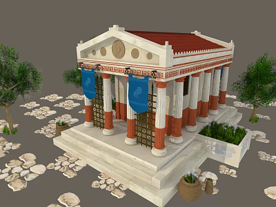 Ancient Classical Building With Red Roof White Columns Blue Banners Surrounding Trees And Stone Steps 3d model
