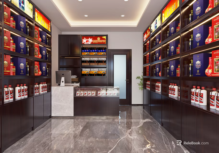 Well Organized Alcohol and Tobacco Store With Shelves of Wine Bottles and Tobacco Products 3d model 