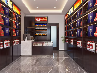 Well Organized Alcohol and Tobacco Store With Shelves of Wine Bottles and Tobacco Products 3d model