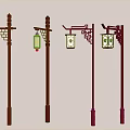 Traditional Chinese Style Street Lamps With Decorative Lanterns And Wooden Poles