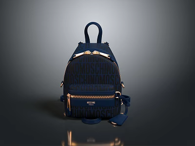 Navy Blue MCM Logo Print Backpack With Gold Accents And Leather Straps 3d model
