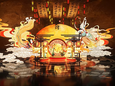 Traditional Commercial Landscape with Lanterns Calligraphy Scrolls Moon Shaped Background Fairy Figures and Cloud Patterns 3d model