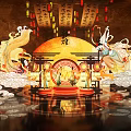 Traditional Commercial Landscape with Lanterns Calligraphy Scrolls Moon Shaped Background Fairy Figures and Cloud Patterns