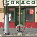 CONACO Gas Station With Cream And Red Exterior Black Roof Green Doors And Fuel Pump