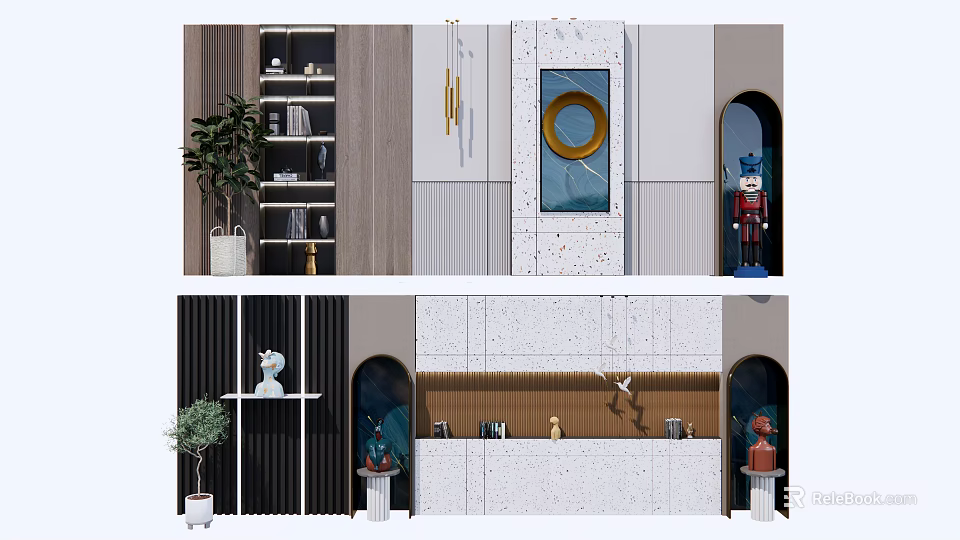 Modern Interior Background Wall Design With Arched Details Bookshelf Green Plants And Decorative Items 3d model 