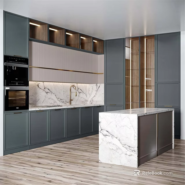Modern Kitchen Interior With Gray Cabinets Recessed Lighting Marble Countertop And Island 3d model 