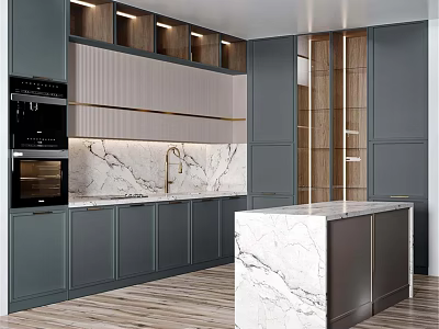 Modern Kitchen Interior With Gray Cabinets Recessed Lighting Marble Countertop And Island 3d model
