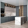 Modern Kitchen Interior With Gray Cabinets Recessed Lighting Marble Countertop And Island