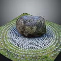 Road Infrastructure Featuring Circular Brick Arrangement With Central Spiral Patterned Stone And Grassy Surrounding 3d model