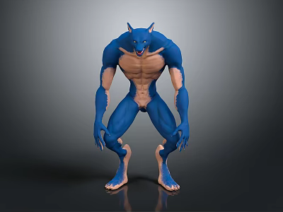 Blue Muscular Beast Character Standing in 3D Render with Ferocious Pose and Sharp Features 3d model