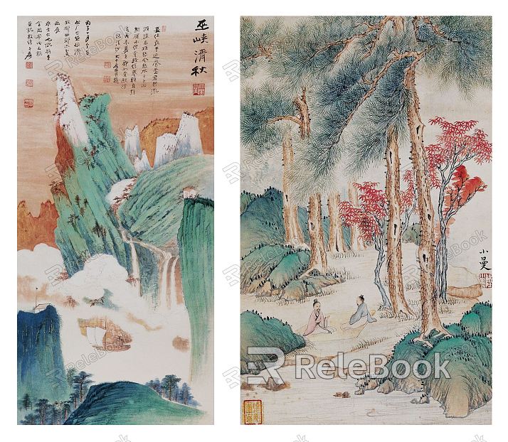 Chinese Landscape Painting Orange Blue Green Landscape Scenery Wuxia Qing Autumn Hanging Painting Combination model