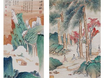 Chinese Landscape Painting Orange Blue Green Landscape Scenery Wuxia Qing Autumn Hanging Painting Combination model