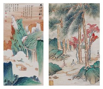 Chinese Landscape Painting Orange Blue Green Landscape Scenery Wuxia Qing Autumn Hanging Painting Combination 3d model