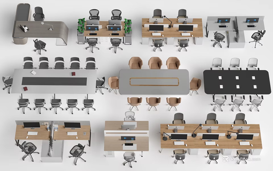 Various Modern Office Desks With Different Styles Matching Chairs And Functional Designs 3d model 