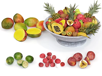 Fresh Assorted Fruits in Bowl with Mangoes Pineapples Limes and Berries 3d model