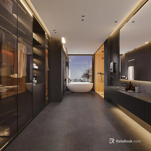 Modern Bathroom Interior With Freestanding Bathtub Large Mirror Glass Partition Dark Flooring And Natural Light 3d model 