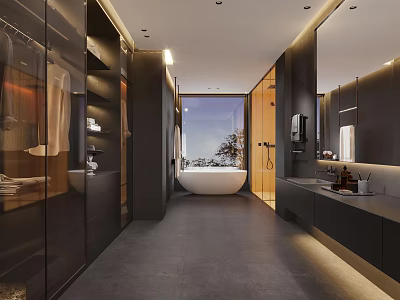 Modern Bathroom Interior With Freestanding Bathtub Large Mirror Glass Partition Dark Flooring And Natural Light 3d model